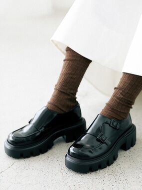 MARIE MON DIEU Bespoke Genuine Leather Billy Button Loafers in Black NEW